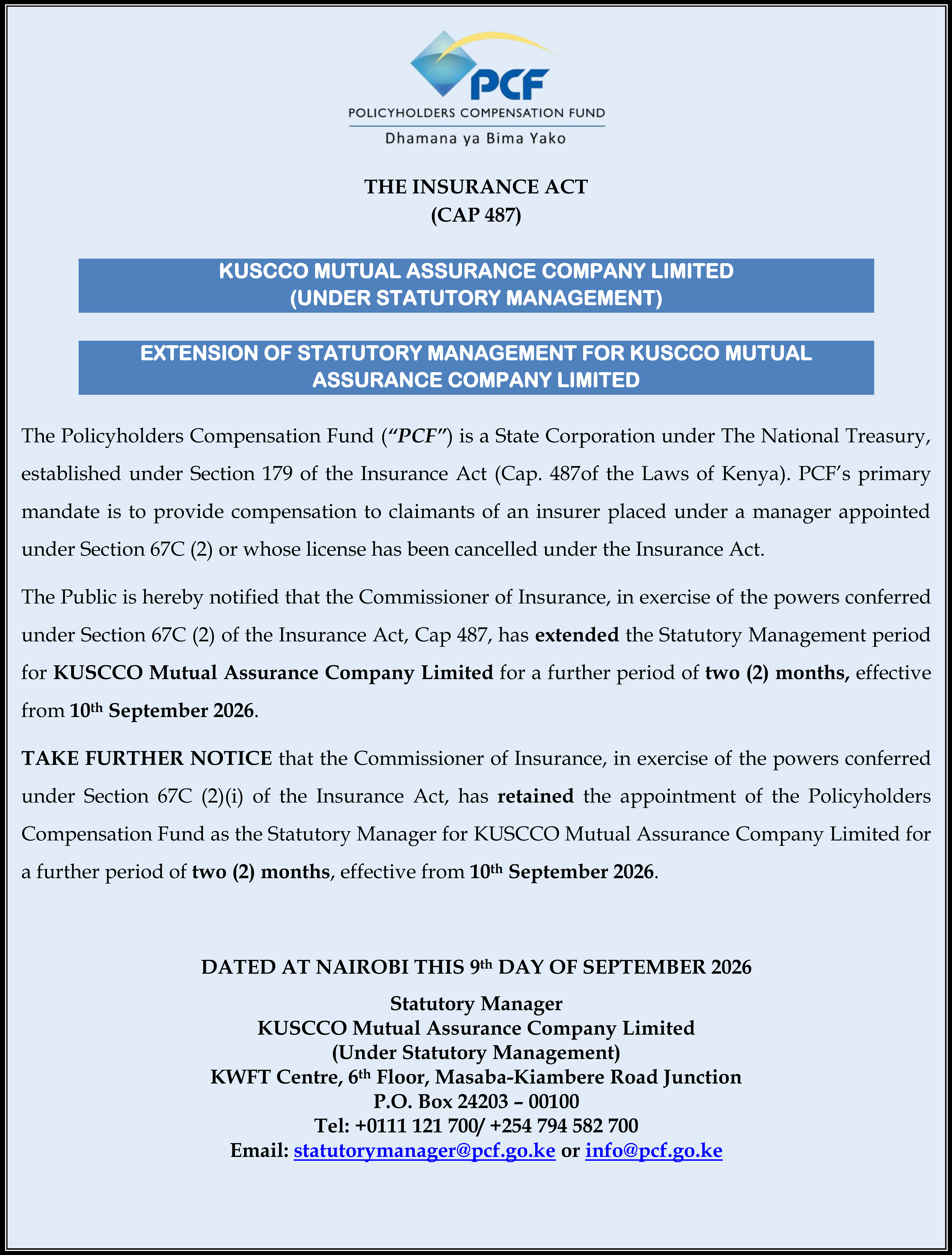Extension of Statutory Management for KUSCCO Mutual Assurance Company Limited